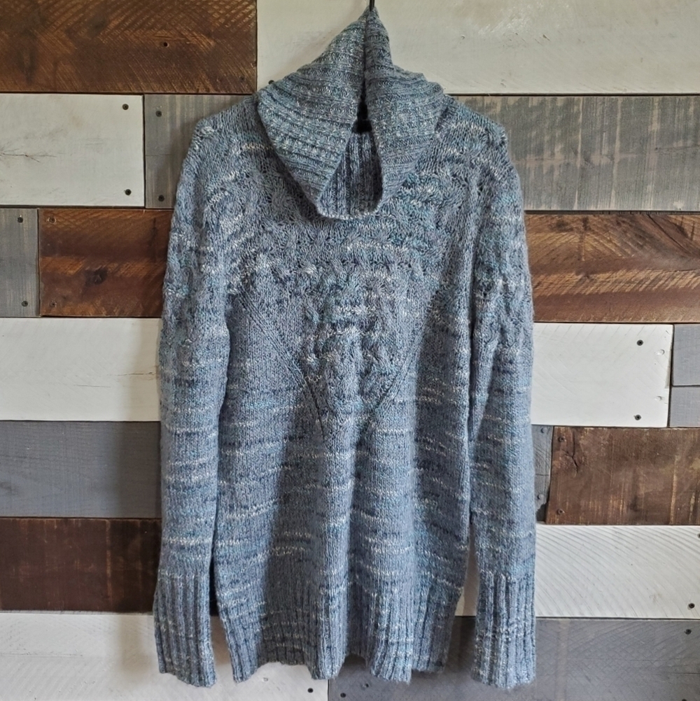 𝅺RUFF Hewn Wool Blue White Cowl Neck Cable Knit Sweater Size XL